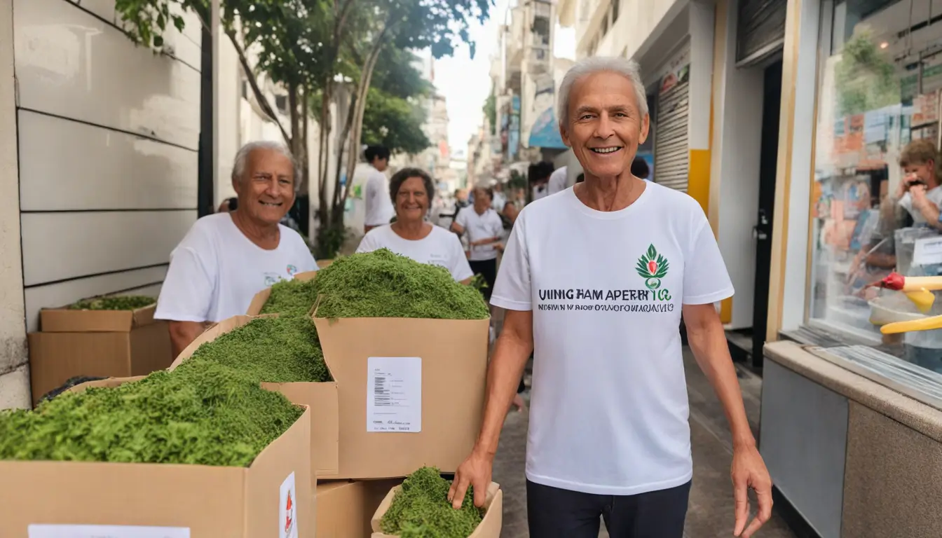 Executivos e voluntários de ONG se cumprimentam em torno de cheque simbólico, retratando o apoio de empresas à responsabilidade social empresarial.