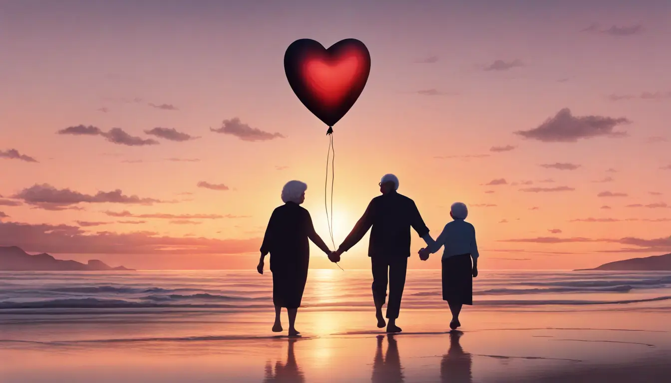 Casal idoso de mãos dadas caminhando na praia ao pôr do sol com balão em forma de coração no céu, representando amor duradouro.