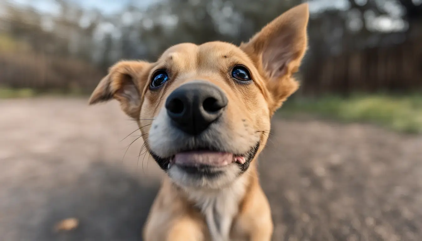 Foto, vista de frente, do rosto de um cachorro resgatado, adotado, bem cuidado e com uma expressão feliz, câmera ultra wide