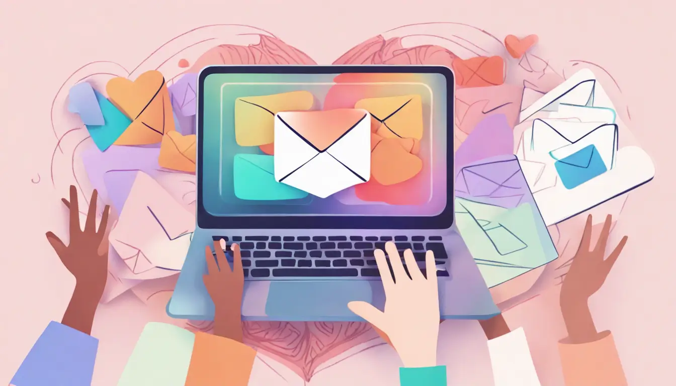 Ilustração de um laptop aberto com interface de e-mail, ícone de coração estilizado, mãos diversas ao redor em fundo pastel, simbolizando a gratidão em e-mails para doadores.