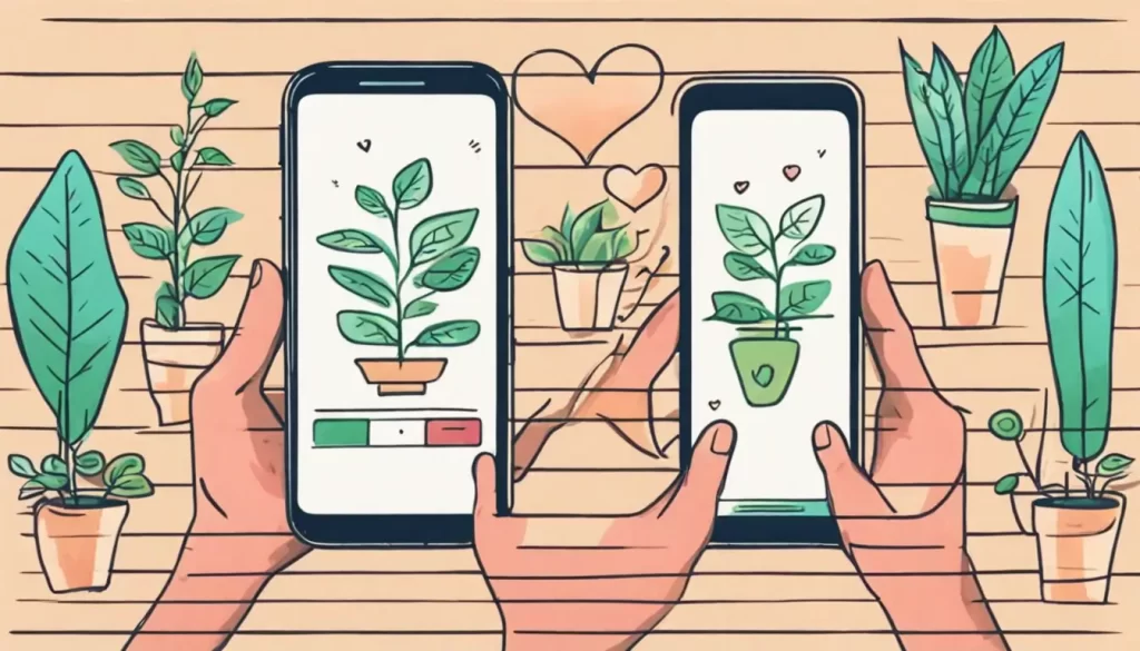 Smartphone com perfil do Instagram em tela mostrando ícones de coração e gráfico de crescimento, cercado por mãos segurando plantas, simbolizando engajamento e crescimento de ONGs.