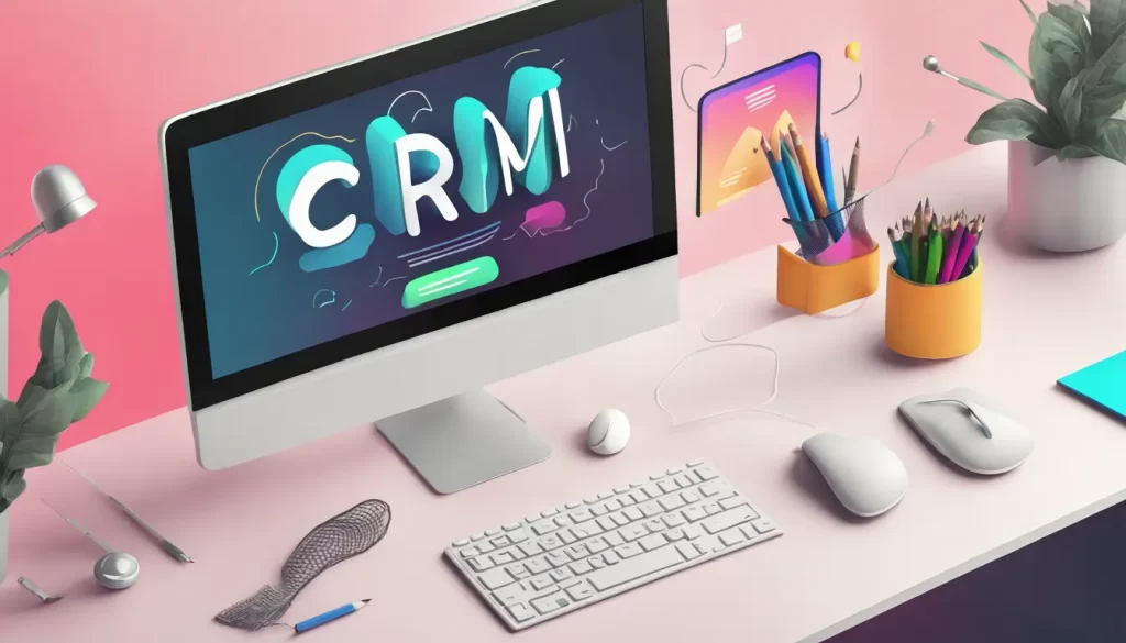 a computer mockup with the word "CRM" in the screen