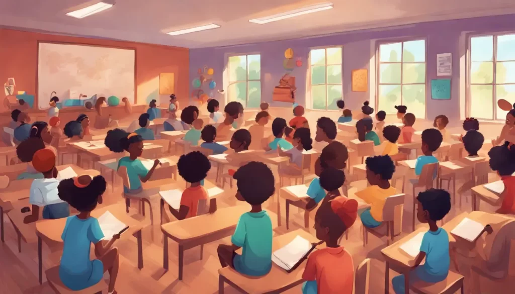 Imagem de uma sala de aula multicultural com crianças participando de atividade de doação, simbolizando educação e envolvimento comunitário.