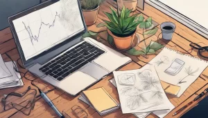 Imagem de uma mesa de trabalho com laptop, câmera, caderno e planta, representando o registro de um projeto social.