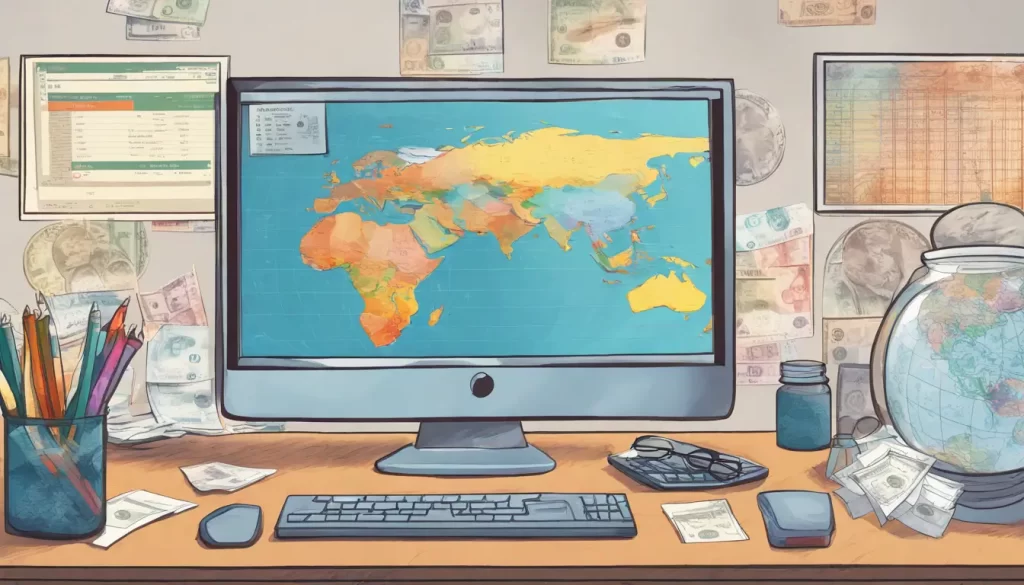 Mapa mundial em escritório demonstrando estratégias de recebimento de doações internacionais com computador e urna de doações.